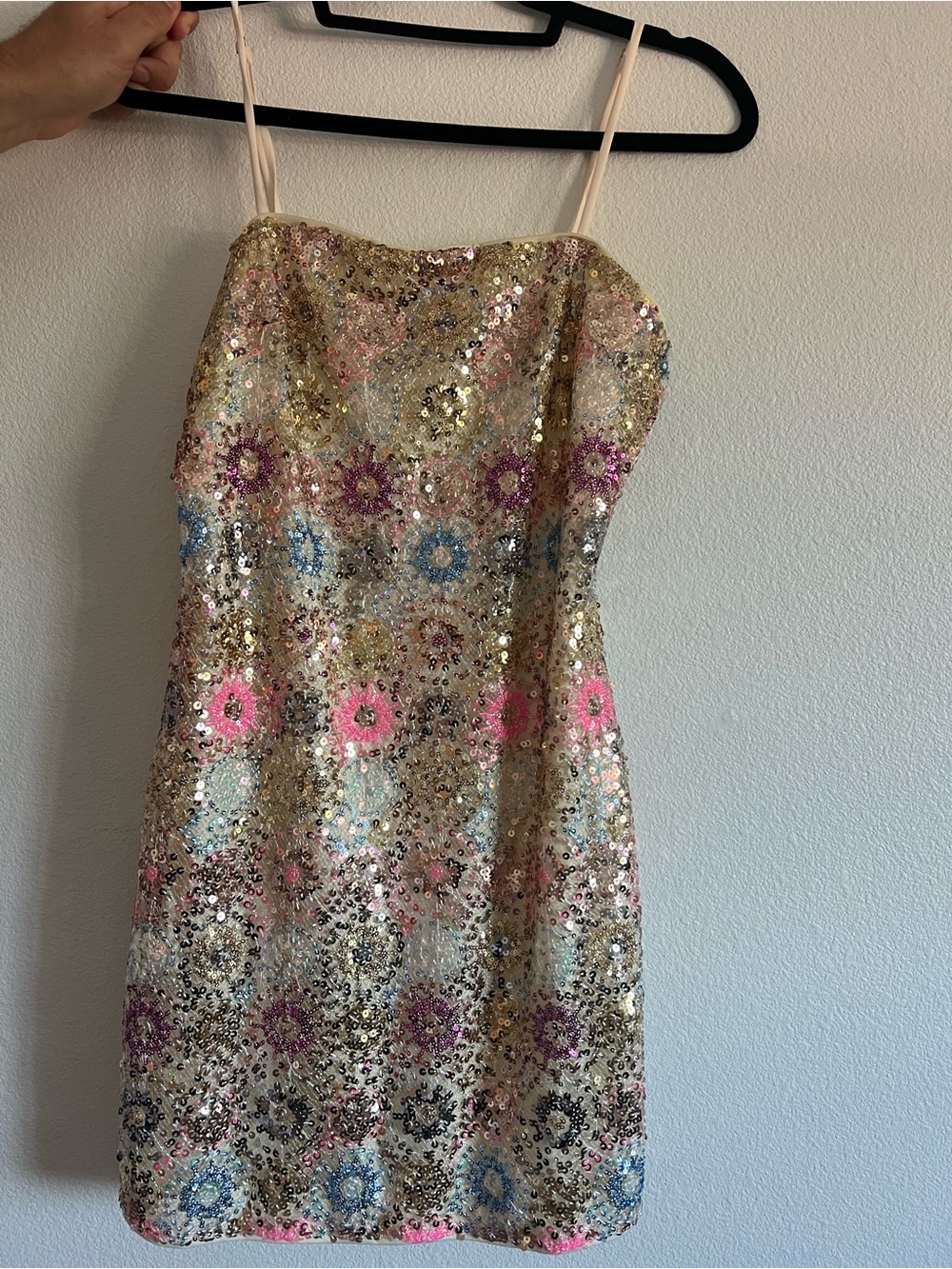 12th Tribe Sequin Floral Mini Dress in Gold, Pink, Blue - Picture 1 of 3